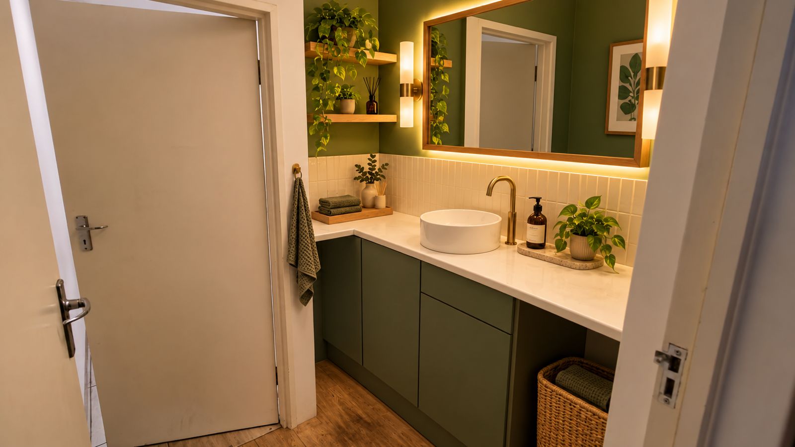 The dedicated bathroom with olive cabinetry and a backlit mirror