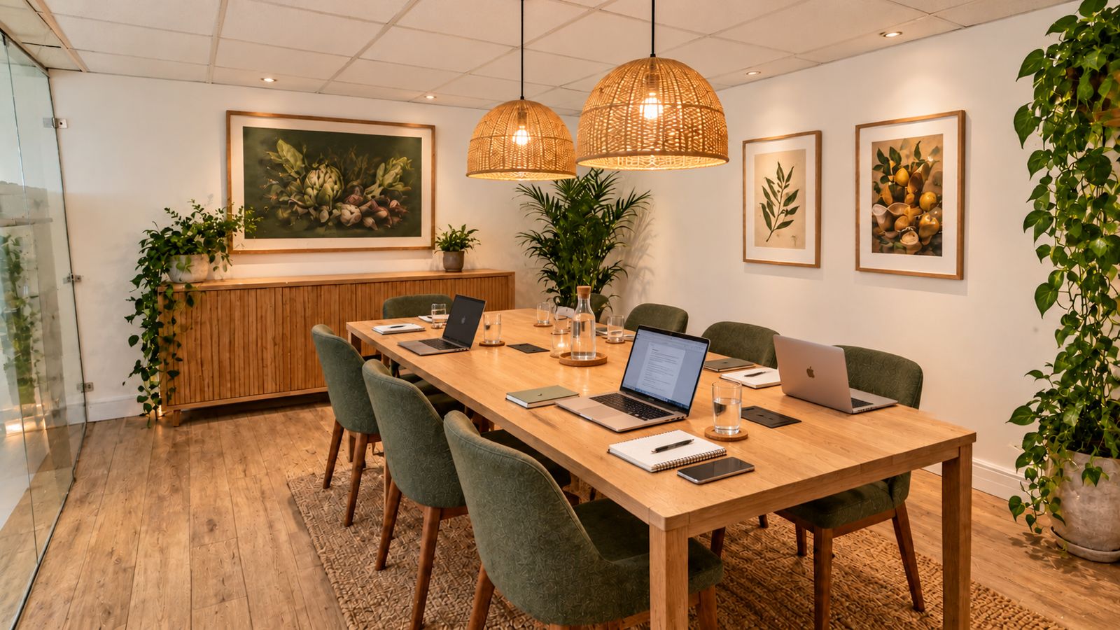 The multi-use room set up for work, with laptops on the long oak table